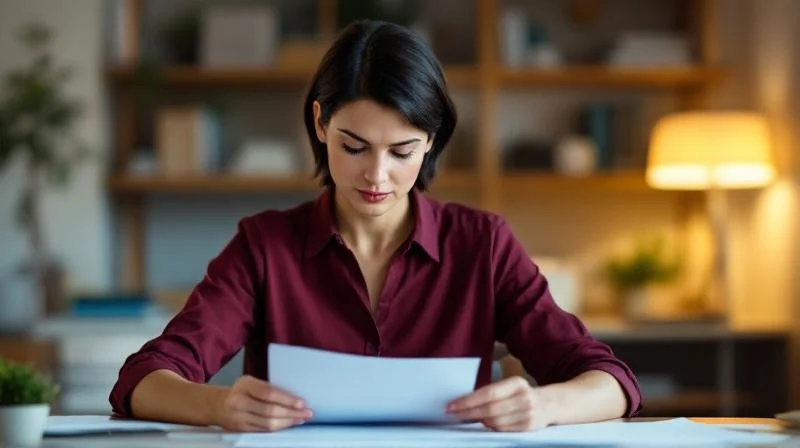 Frau berechnet Foerdermoeglichkeiten am Schreibtisch in Offenbach