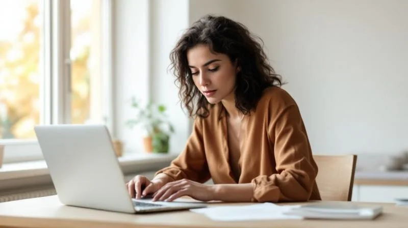 Frau mit Unterlagen vor einem Laptop in Offenbach am Main
