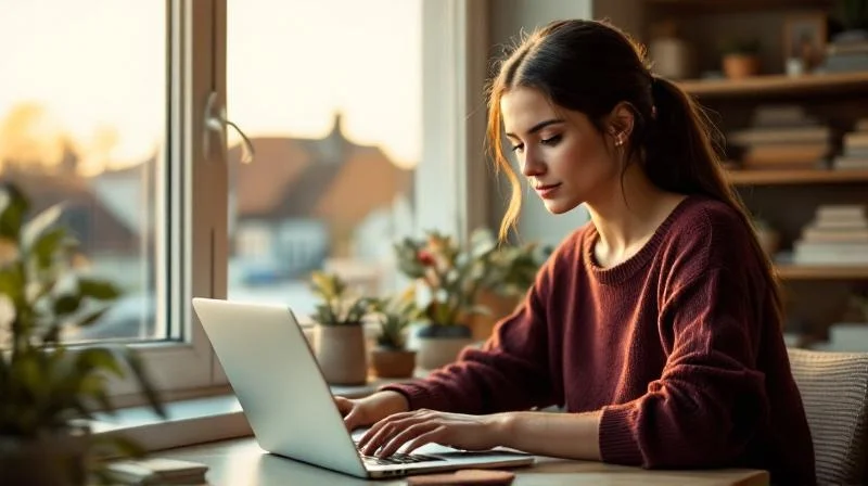 Frau lernt an einem Online-Kurs in Offenbach mit Blick auf die Stadt