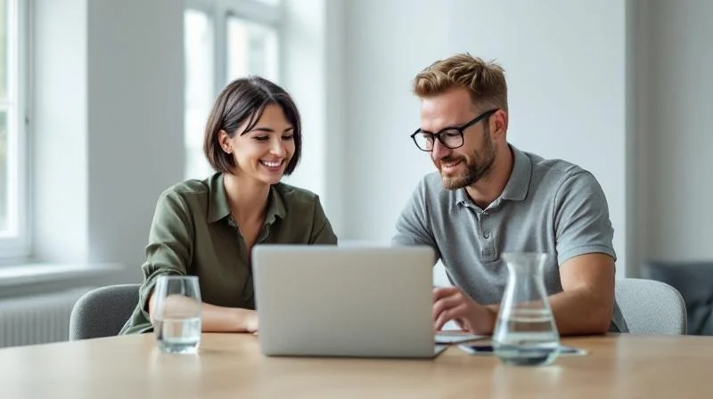 Zwei Personen besprechen Unterlagen an einem Tisch in einem hellen Buero in Offenbach
