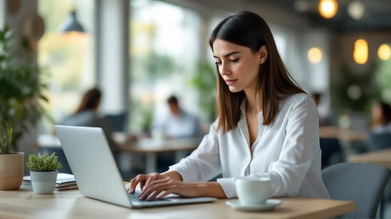Frau arbeitet am Laptop in einem modernen Coworking-Space in Offenbach am Main