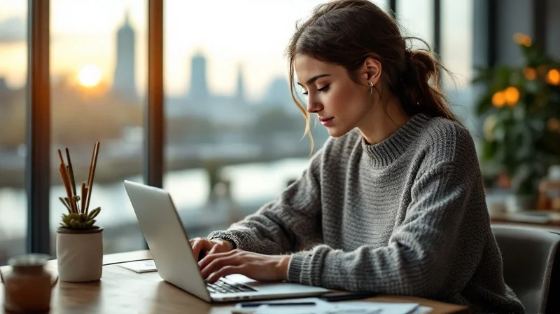 Offenbacher Designerin im Coworking-Space am Mainufer mit Laptop und Konzeptskizzen