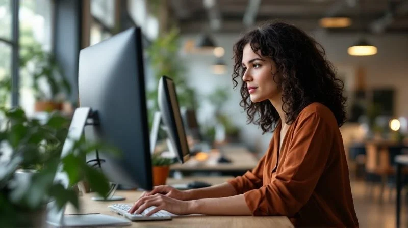 Frau arbeitet konzentriert am Laptop in einem modernen Offenbacher Coworking-Space