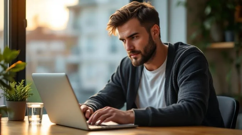Mann arbeitet am Schreibtisch mit Laptop und Unterlagen in Offenbach
